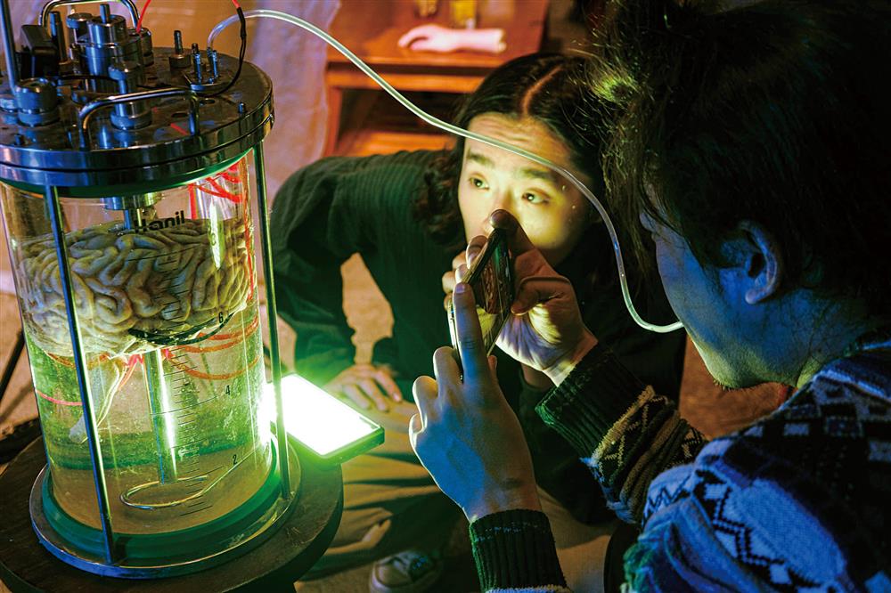 該道具由雕塑、翻模、上色而成，製作宛如實驗室中泡在化學液體裡的真實人腦。