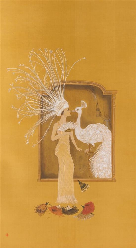 Eche-28, White Peacock in the Mirror, 125x72cm, 2014, ink and color on silk