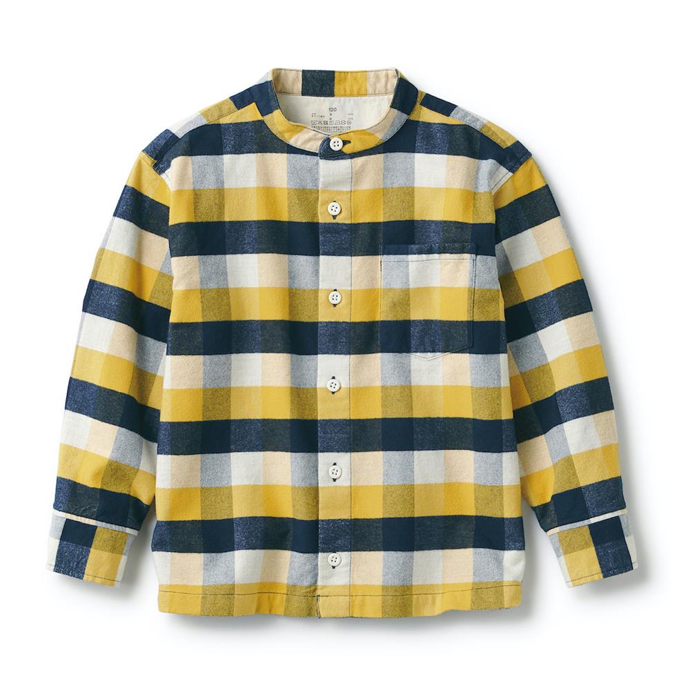 兒童有機棉法蘭絨立領襯衫，399元：使用較粗的棉質織線，以起毛加工增加布料溫暖的觸感。使用有機棉製成。