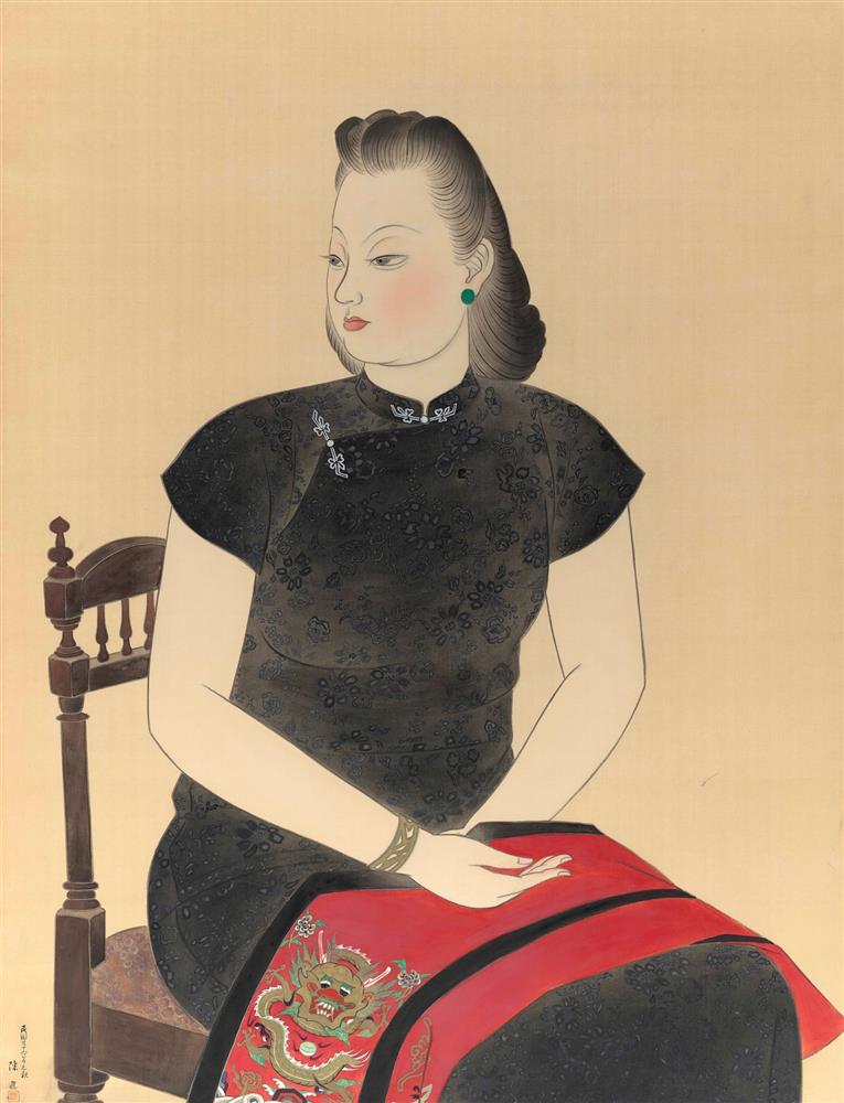 32. 陳進，《繡裙》，1947，膠彩、絹，120.0 x 90.0 cm，私人收藏