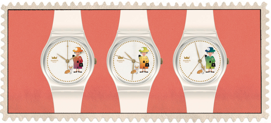 Swatch透過日期窗的轉換，黃色、粉紅色、綠色、紫色、藍色宛若彩虹般的繽紛色調，欣賞女王穿出亮眼、大膽又雍容的高貴穿搭。