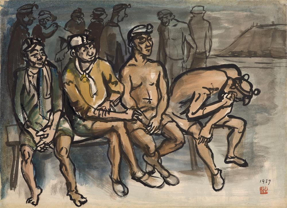 小檔8《長凳上的四位礦工》，1957，墨、淡彩、 紙，39.8×55 公分，臺北市立美術館典藏。