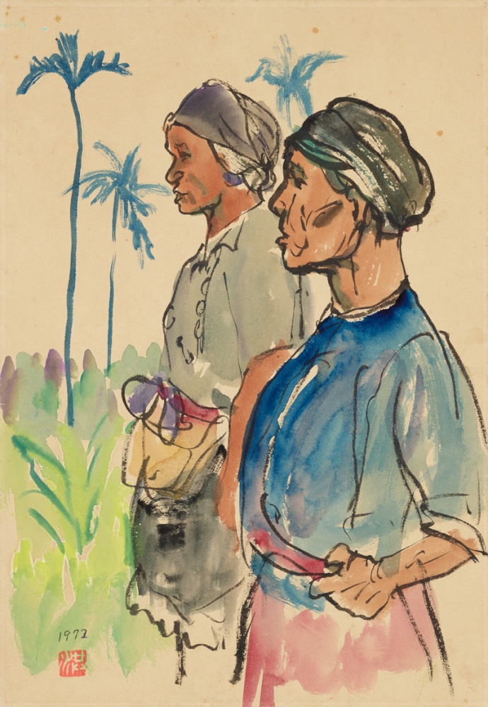 小檔13洪瑞麟，《原住民婦女》，1972，水彩、紙，32 ×25 公分。白省三收藏。