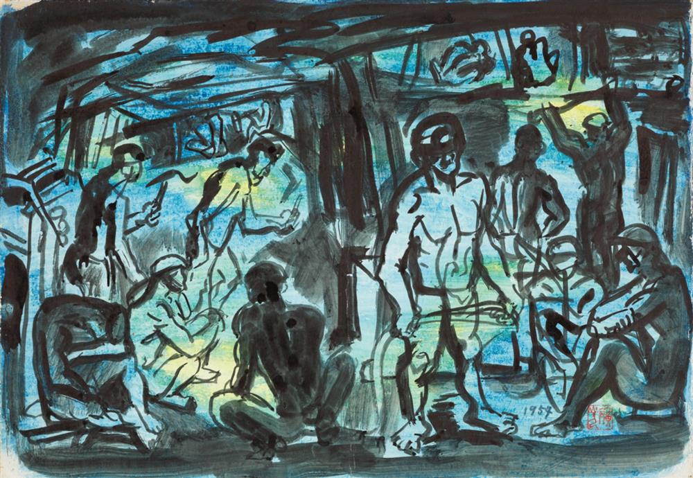 小檔7《坑內工作》，1954，水彩、紙， 27.4×39.2 公分，私人收藏。