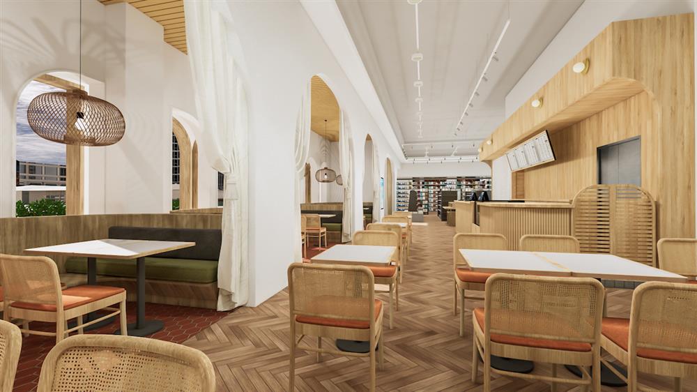 3. 誠品生活時光板橋三民店內的TEA ROOM也以籐椅、布簾、吊燈營造Villa風悠閒氛圍，享受美食的同時也可透過景觀窗欣賞街區風景。