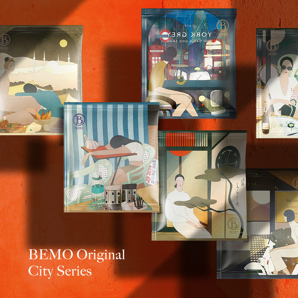 插畫家葉珊「3」操刀繪製BEMO Café「城市系列壺泡咖啡」插圖，以現代筆觸表現人們與旅行、城市、咖啡之間的親密關係。