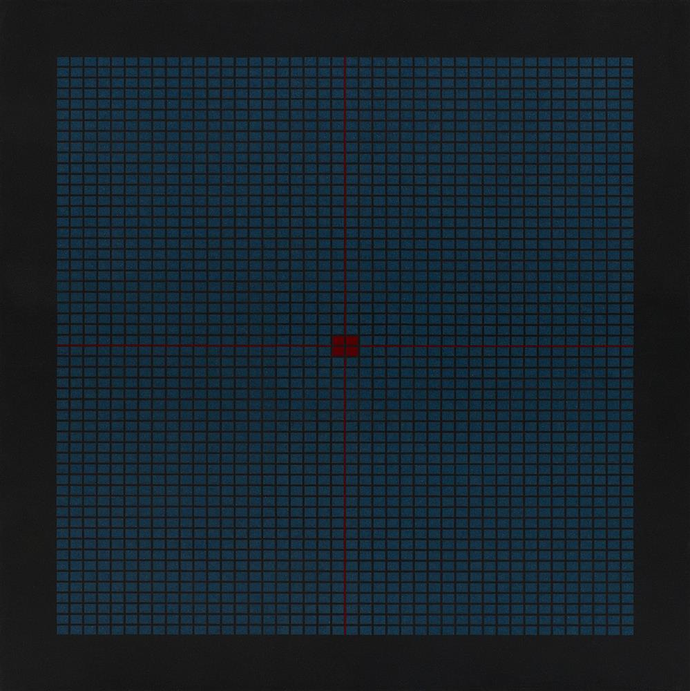 小檔北美館在夾縫中行走77.	洪東祿，《地火明夷》，2020，岩黑（磁鐵礦）、藍銅礦、新岩、鹿膠、麻布，120×120公分，私人收藏。