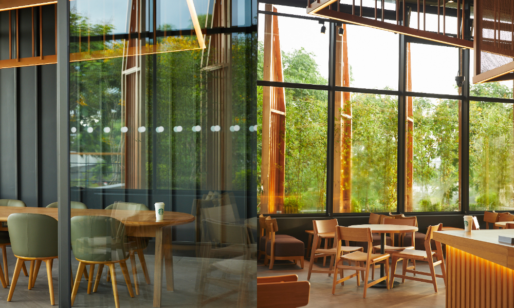 星巴克「芎林文德門市」即起開幕,呼應芎林鄉內繁茂青蔥的桂竹林,星巴克以「竹林之美,咖啡園林」為主題,門市內將天花打造成兩層古銅色造型線條及金屬網格重疊的山形,加上會議室內點綴的古銅色造型線條吊燈,錯落有致的層次感打造出如置身山林中的寧謐。0 星巴克「芎林文德門市」即起開幕,呼應芎林鄉內繁茂青蔥的桂竹林,星巴克以「竹林之美,咖啡園林」為主題,門市內將天花打造成兩層古銅色造型線條及金屬網格重疊的山形,加上會議室內點綴的古銅色造型線條吊燈,錯落有致的層次感打造出如置身山林中的寧謐。0