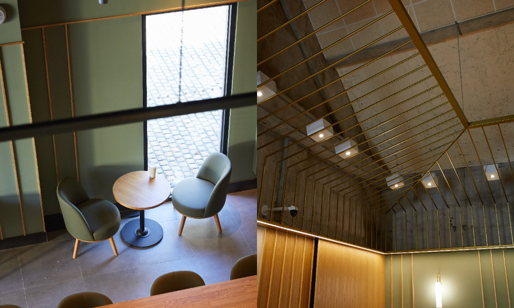 星巴克中埔穀倉門市星巴克中埔穀倉門市設計採用淺色木質壁板和青銅天花板飾條,強調了入口並延伸到客席座位區,而視覺焦點的咖啡吧檯亦使用深綠色磁磚的前飾材設計,為室内帶來溫暖的色調。 (6) 星巴克中埔穀倉門市星巴克中埔穀倉門市設計採用淺色木質壁板和青銅天花板飾條,強調了入口並延伸到客席座位區,而視覺焦點的咖啡吧檯亦使用深綠色磁磚的前飾材設計,為室内帶來溫暖的色調。 (6)