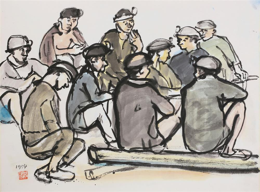 阿波羅畫廊_洪瑞麟_圍坐_水墨、淡彩、紙_35x45cm_1954