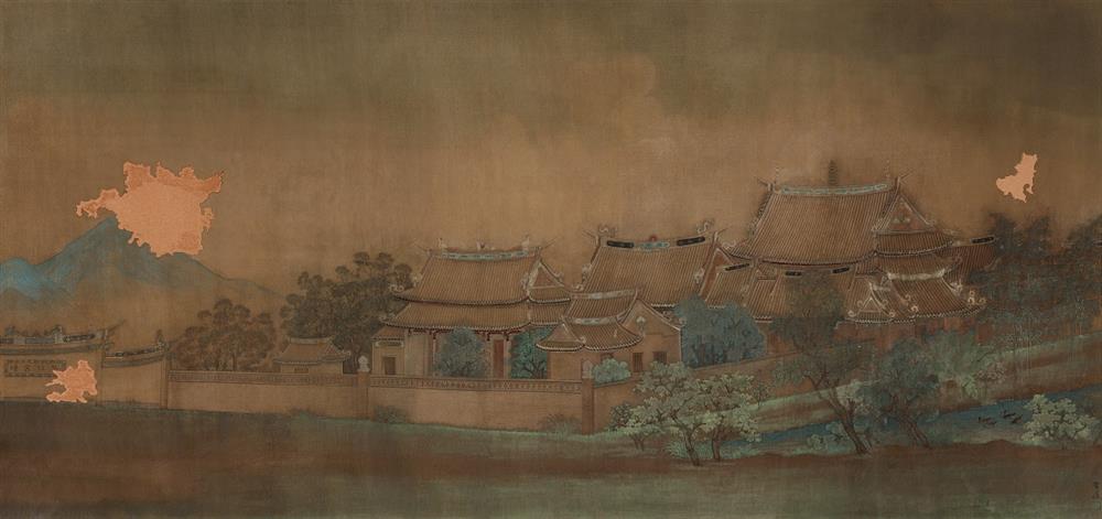 小檔北美館2022街事美術館計畫02蔡雪溪《臺北孔子廟》(局部數位化修復版原寸輸出),1941,膠彩、絹,69 x 145 公分,臺北市立美術館典藏。 小檔北美館2022街事美術館計畫02蔡雪溪《臺北孔子廟》(局部數位化修復版原寸輸出),1941,膠彩、絹,69 x 145 公分,臺北市立美術館典藏。