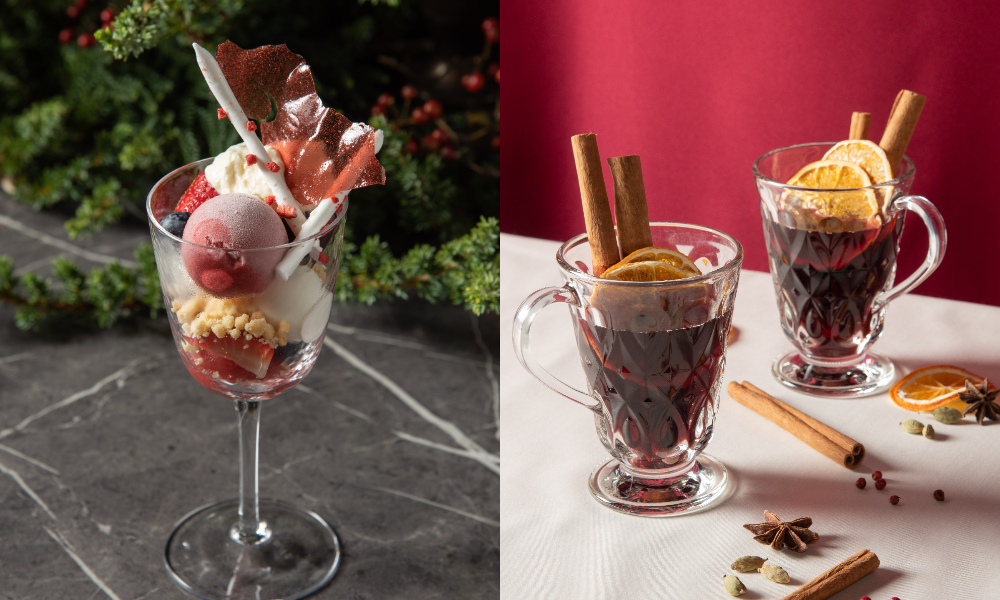 季節甜點雪莓帕菲（左）節慶限定熱紅酒（右）