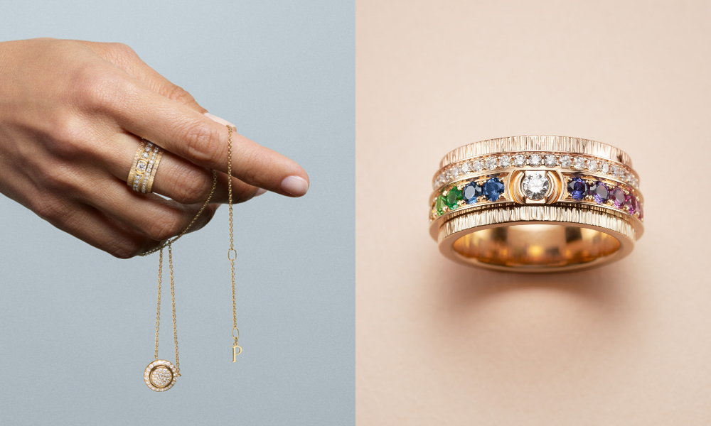 PIAGET Possession系列18K玫瑰金宮廷式雕刻飾紋鑲鑽戒指與項鍊（左）PIAGET Possession系列18K玫瑰金宮廷式雕刻飾紋彩色寶石鑲鑽戒指（右）