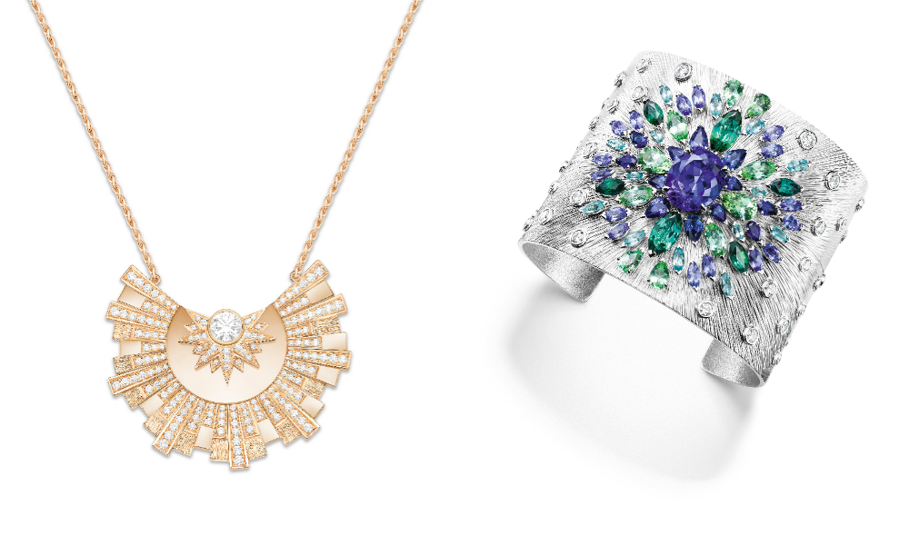 PIAGET Sunlight系列18K玫瑰金鑽石項鍊（左），Limelight系列18K白金丹泉石(約8.21cts)彩色寶石頂級珠寶可轉換式手鐲（右）