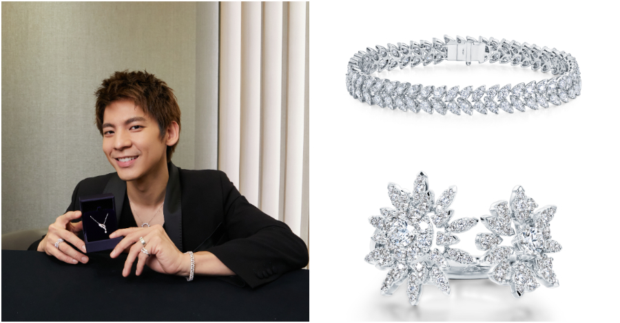 Aerial Double Dewdrop白K金鑽石手鍊（右上），Aerial Double Sunburst 白K金鑽石戒指（右下）。