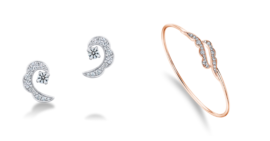 Lorelei Ribbon 白K金鑽石耳環 （左），Lorelei Ribbon 玫瑰金鑽石手鐲（右）。