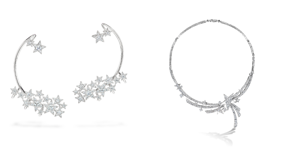 Illa Constellation白K金鑽石耳掛式耳環（左），Illa Starlight白K金鑽石項鍊（右）。