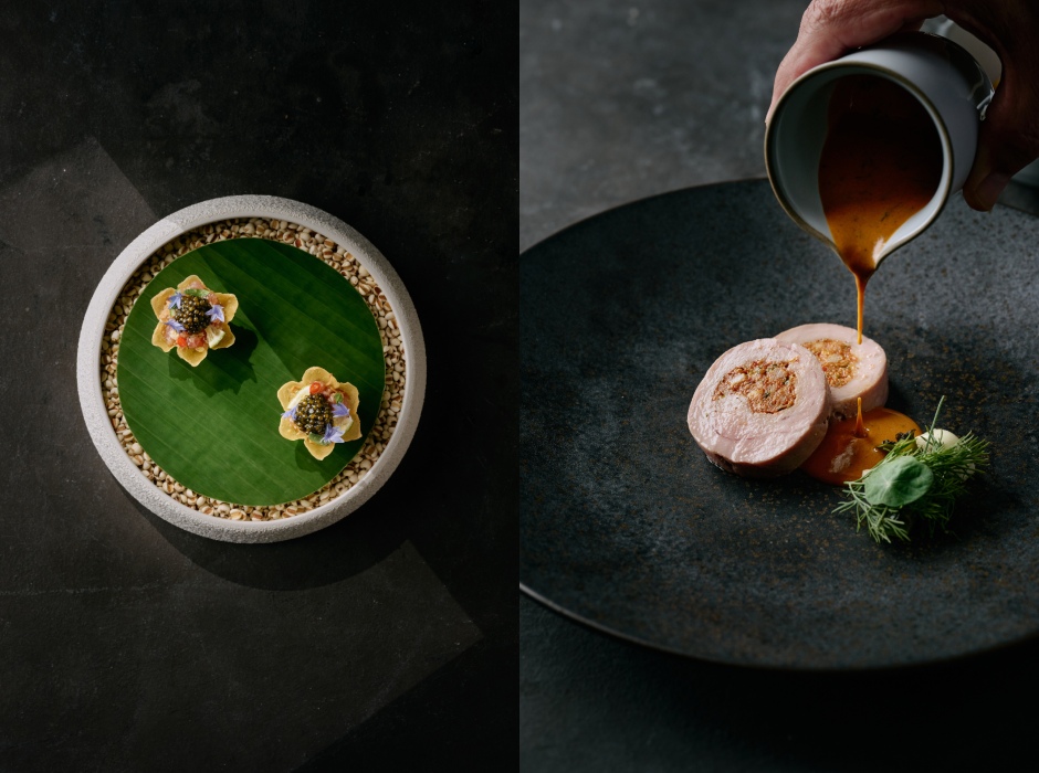 2（左）Angela很喜歡Coast一道帶有酸辣醬汁與香料、季節魚類、脆餅的開胃小點，搭配台灣自己培育出來的紅玉紅茶，讓茶與菜的香料味在口中迸發出有趣組合。（右）肉適合搭配發酵重或口感結構感強力的茶品。