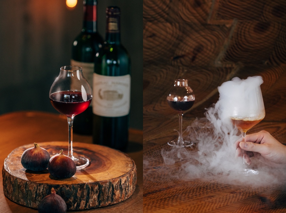 4左圖為頂級酒莊的Cabernet Sauvignon紅酒經過脫醇，再加上無花果所製作的無酒精調飲，喝起來有著無花果的香氣與葡萄酒口感，與鴨肉料理有著完美組合。