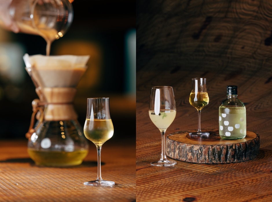 1左圖為運用奶洗處理的無酒精調飲，散發糯米普洱奶洗後的蒸熟米香，口感creamy又如清酒般清澈，讓無酒精調飲達到如葡萄酒般的複雜度與品飲趣味。 