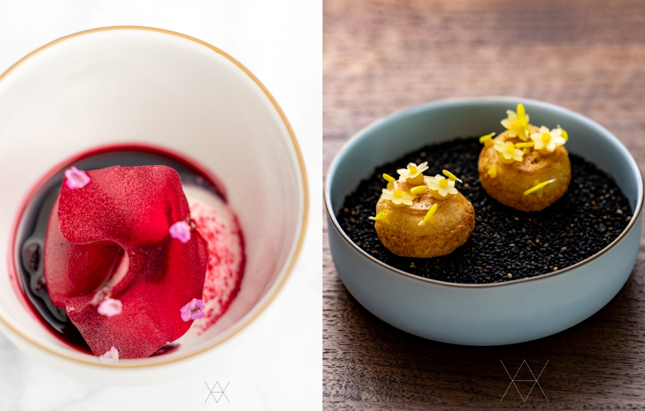 collagellcollagellbeetroot, yogurt, coconut 甜菜根／優格／椰子（左）canapés 開胃小點（右）。照片提供：La Vie by Thomas Bühner