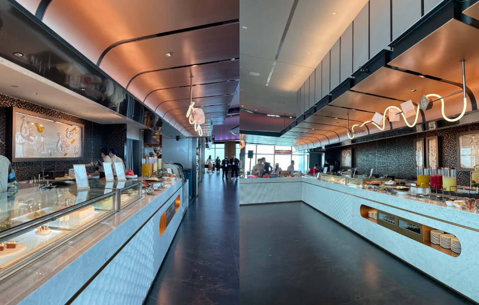 饗 A JoyFotoJet (15)往餐檯望去可看見整列的彩繡藝術品「島嶼」，是由新銳藝術家陳普與台南光彩繡莊合力創作