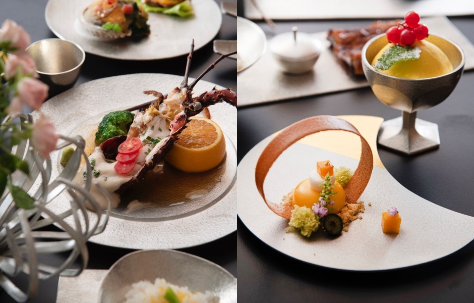 大倉久和大飯店X能作collage甜品_左為百香果柚子塔、右為紫蘇熱帶水果冰沙.1蒸物選用伊勢龍蝦