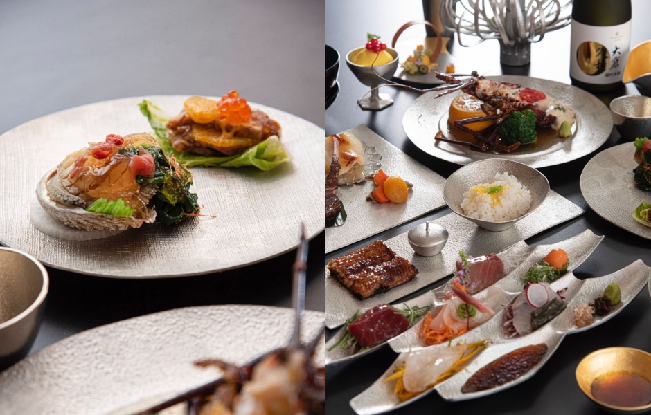 大倉久和大飯店X能作前菜_活活鮑魚酒蒸   涼拌野菜  梅汁凝凍   番茄薄切