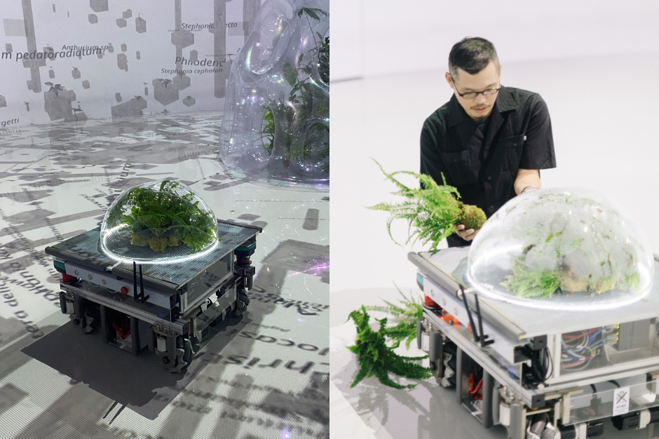 國美館「串流群落：溫室中的溫室」展覽現場1《串流群落：溫室中的溫室》也特別和工研院合作，將其研發的自走車轉化為行走的生態箱（圖片提供：日目247visualart）