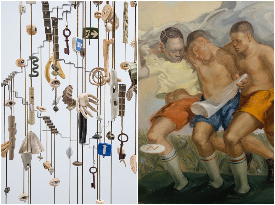 香港藝術家唐納天裝置〈漫遊微觀宇宙〉（2023）於香港「油街實現」藝術空間的《幻石》展出時現場。（圖片提供：唐納天）／台灣藝術家楊季涓裝置〈你的淚痕是我 未來的眼淚〉（2023）。（圖片提供：楊季涓，攝影：朱淇宏）