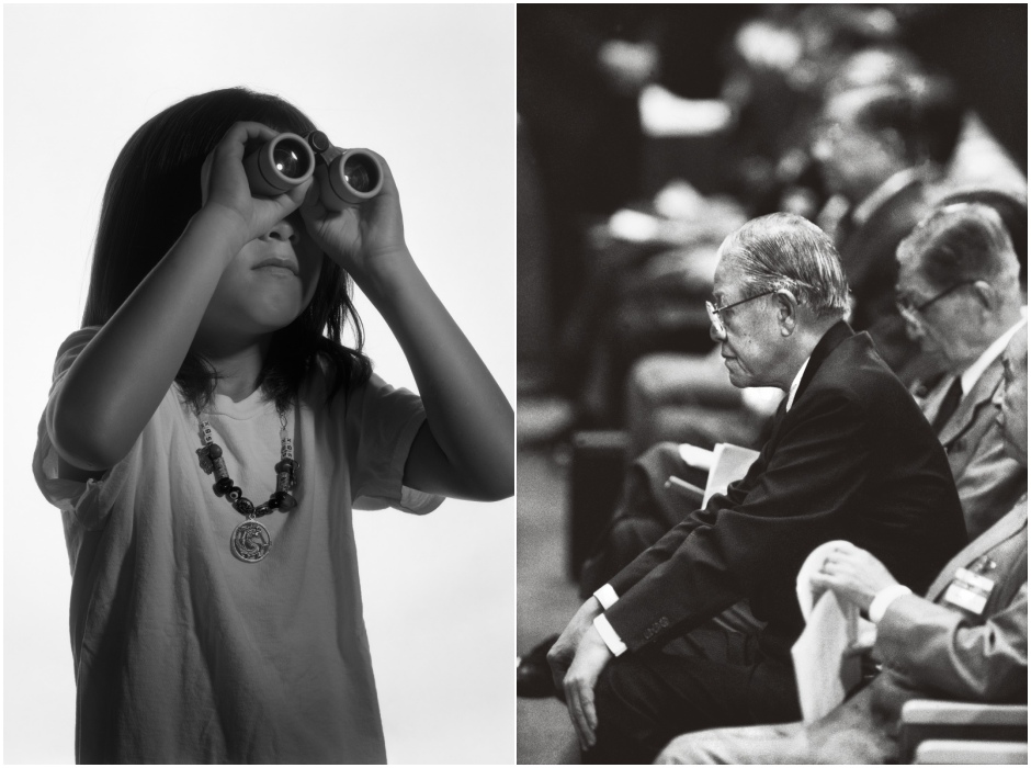 美籍台裔藝術家歐宗翰《觀景者系列》（2021）。（圖片提供：歐宗翰）／台灣攝影家許村旭攝影作品《當我們同在一起》系列 （1986～1998）。（圖片提供：台北市立美術館）