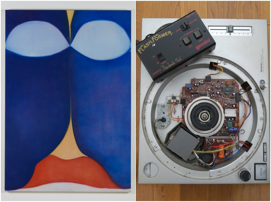 已故黎巴嫩畫家、雕刻家兼時尚設計師Huguette Caland〈自畫像（身體部位）#58〉（1973）。（圖片提供：貝魯特Saradar Collection）／跨領域藝術家dj sniff複合媒材裝置 〈變形器〉（2023），2023台北雙年展委託製作。（圖片提供：dj sniff）