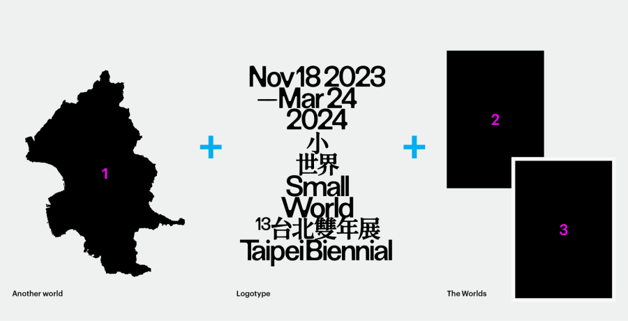 「2023台北雙年展：小世界」主視覺構成元素設計設計團隊_ Wkshps（紐約）。圖像由臺北市立美術館提供。 