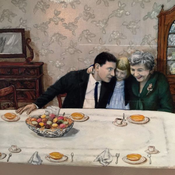 畫家描繪山姆．阿諾、年幼的荷莉和祖母凱薩琳期待復活節鳥巢布丁的情景。（圖片來源：《來一匙世界甜點史》）