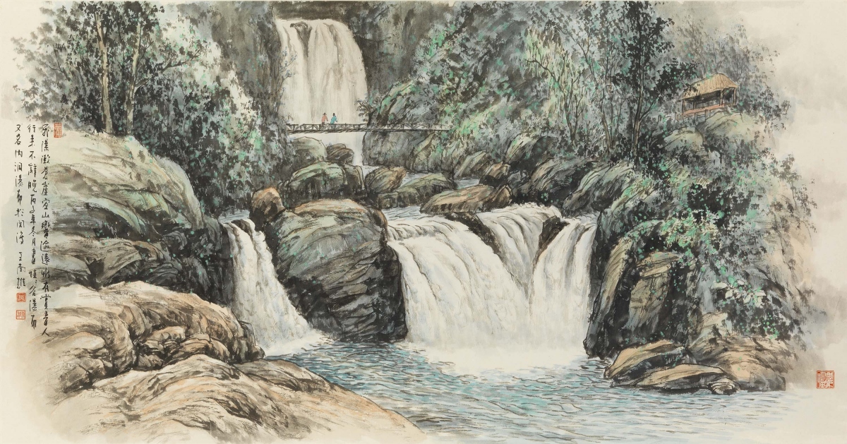 瀑布(典藏編號 103-00010)|國畫|73.5 × 141 cm|王南雄|1943|國立歷史博物館典藏(圖片提供 :國立歷史博物館) 瀑布(典藏編號 103-00010)|國畫|73.5 × 141 cm|王南雄|1943|國立歷史博物館典藏(圖片提供 :國立歷史博物館)