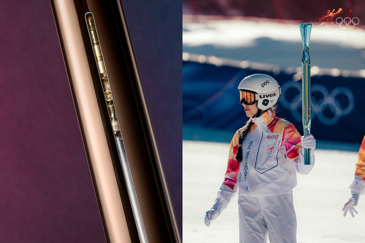 握把開口揭示「火焰的誕生」，表面塗層隨光線變化呈現不同色澤。（圖片來源：Instagram @milanocortina2026）