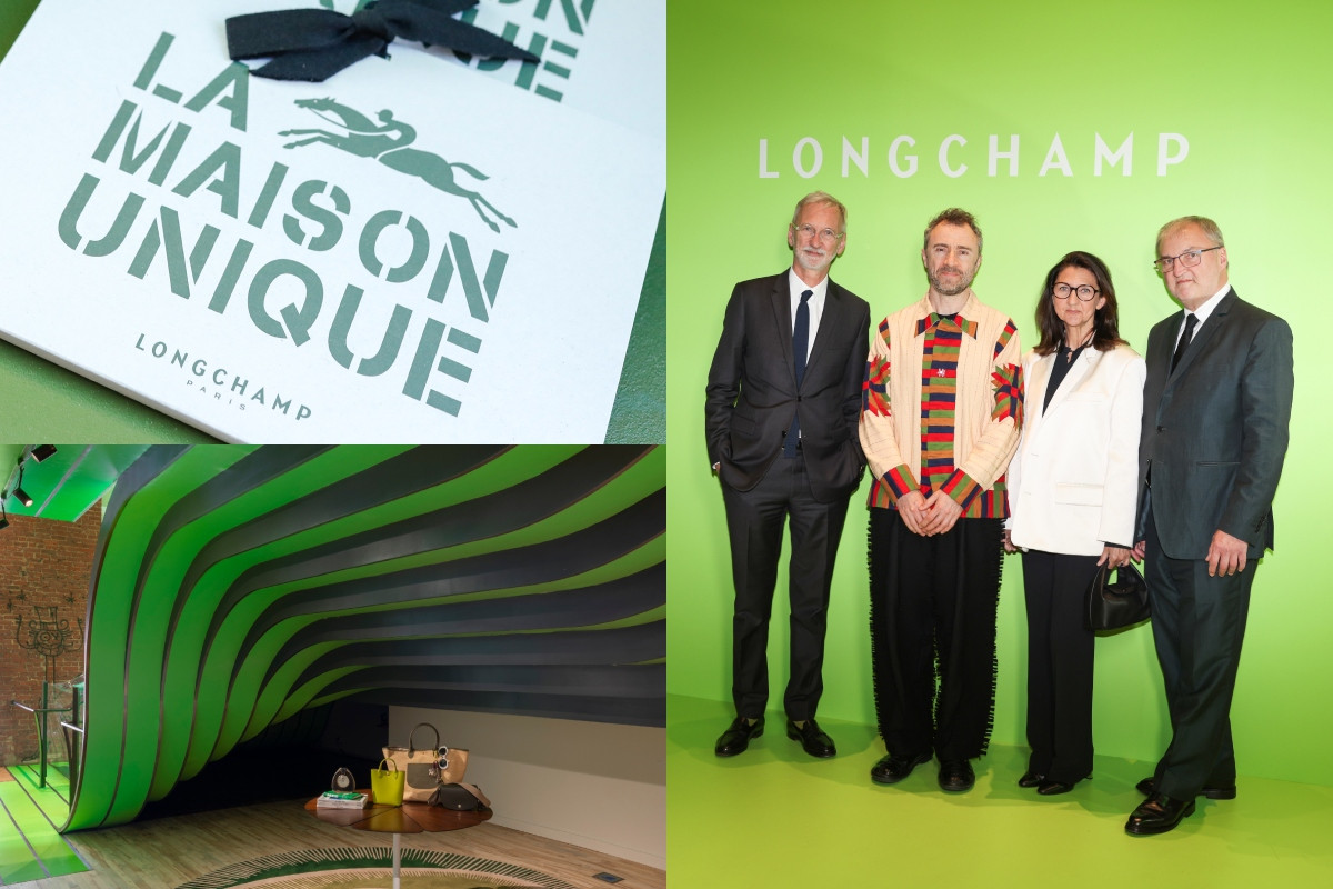 合照左二為設計師Thomas Heatherwick;其餘左起Longchamp行政總裁Jean Cassegrain、創意總監Sophie Delafontaine及董事總經理Olivier Cassegrain。(圖片提供:Longchamp) 合照左二為設計師Thomas Heatherwick;其餘左起Longchamp行政總裁Jean Cassegrain、創意總監Sophie Delafontaine及董事總經理Olivier Cassegrain。(圖片提供:Longchamp)