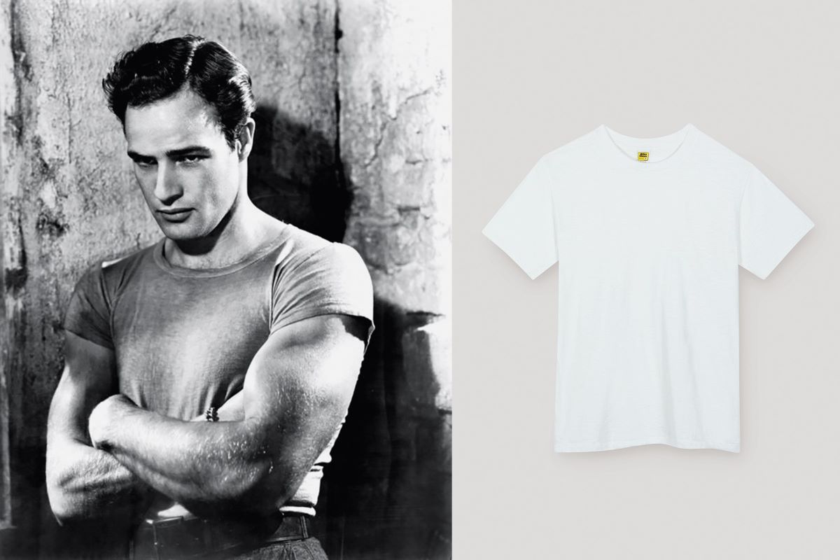 左圖:馬龍.白蘭度,《慾望街車》(A Streetcar Named Desire),1951年。右圖:圓領T恤,Velva Sheen。(圖片來源:《時尚單品全圖鑑:78件經典穿搭設計與百年時尚傳奇》) 左圖:馬龍.白蘭度,《慾望街車》(A Streetcar Named Desire),1951年。右圖:圓領T恤,Velva Sheen。(圖片來源:《時尚單品全圖鑑:78件經典穿搭設計與百年時尚傳奇》)