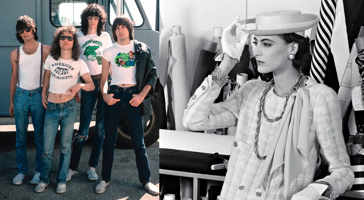 左圖:雷蒙斯樂團(The Ramones),聖塔莫尼卡(Santa Monica),1976年。右圖:Inès de La Fressange,Chanel 1984年春夏系列。(圖片來源:《時尚單品全圖鑑:78件經典穿搭設計與百年時尚傳奇》) 左圖:雷蒙斯樂團(The Ramones),聖塔莫尼卡(Santa Monica),1976年。右圖:Inès de La Fressange,Chanel 1984年春夏系列。(圖片來源:《時尚單品全圖鑑:78件經典穿搭設計與百年時尚傳奇》)