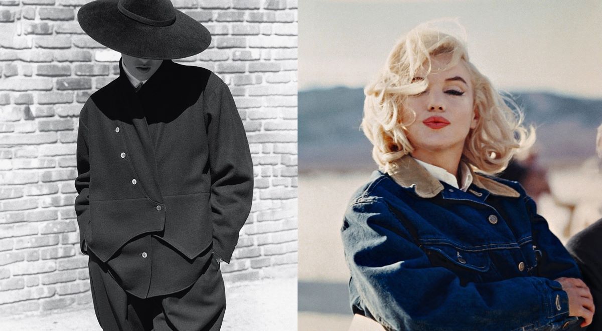 左圖:山本耀司1981年秋冬成衣系列。右圖:片場上的瑪麗蓮.夢露(Marilyn Monroe),內華達州(Nevada),美國,1960年。(圖片來源:《時尚單品全圖鑑:78件經典穿搭設計與百年時尚傳奇》) 左圖:山本耀司1981年秋冬成衣系列。右圖:片場上的瑪麗蓮.夢露(Marilyn Monroe),內華達州(Nevada),美國,1960年。(圖片來源:《時尚單品全圖鑑:78件經典穿搭設計與百年時尚傳奇》)