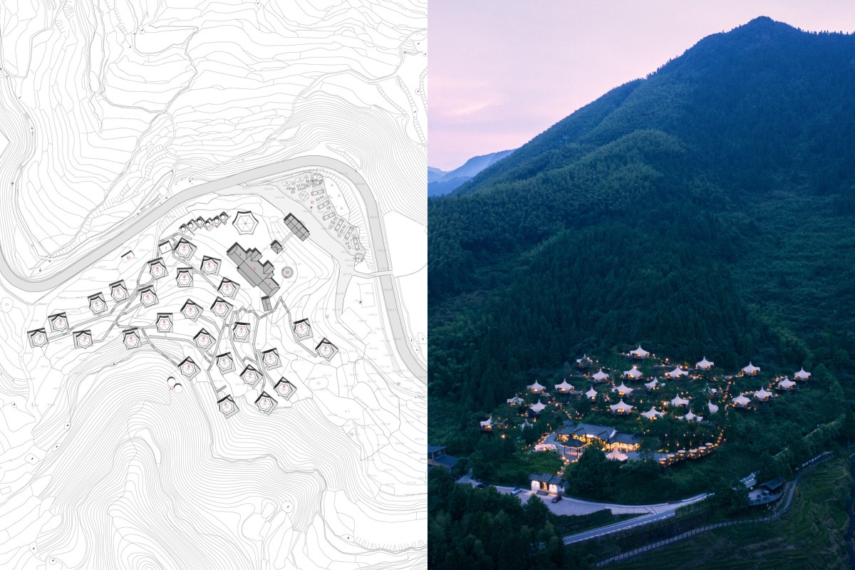26朵獨立帳篷沿等高線搭建。(圖片提供:大開設計/右圖攝影:蔡振銘) 26朵獨立帳篷沿等高線搭建。(圖片提供:大開設計/右圖攝影:蔡振銘)