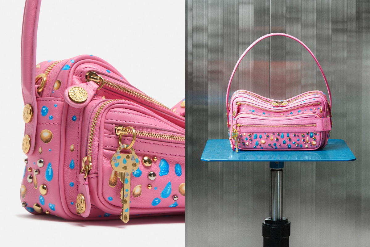 粉色Camero肩背包則綴上藍色、金色水滴圖案。(圖片提供:Acne Studios) 粉色Camero肩背包則綴上藍色、金色水滴圖案。(圖片提供:Acne Studios)