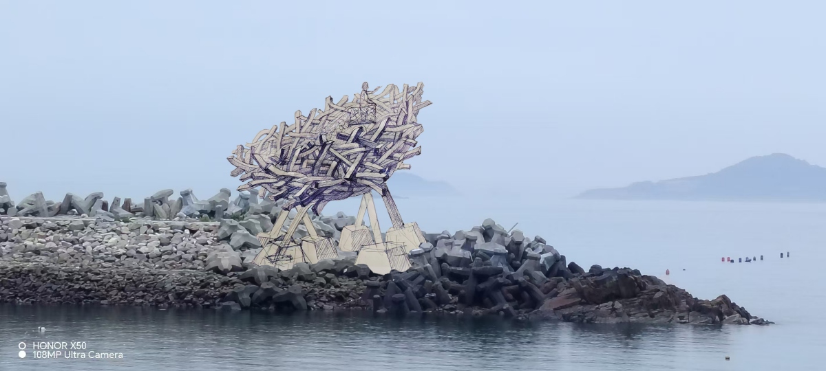 南竿珠螺海灣長堤,有馬祖雕塑家陳益輝的大型海岸地景作品《築巢》。此為作品草圖。(圖片提供:馬祖國際藝術島) 南竿珠螺海灣長堤,有馬祖雕塑家陳益輝的大型海岸地景作品《築巢》。此為作品草圖。(圖片提供:馬祖國際藝術島)