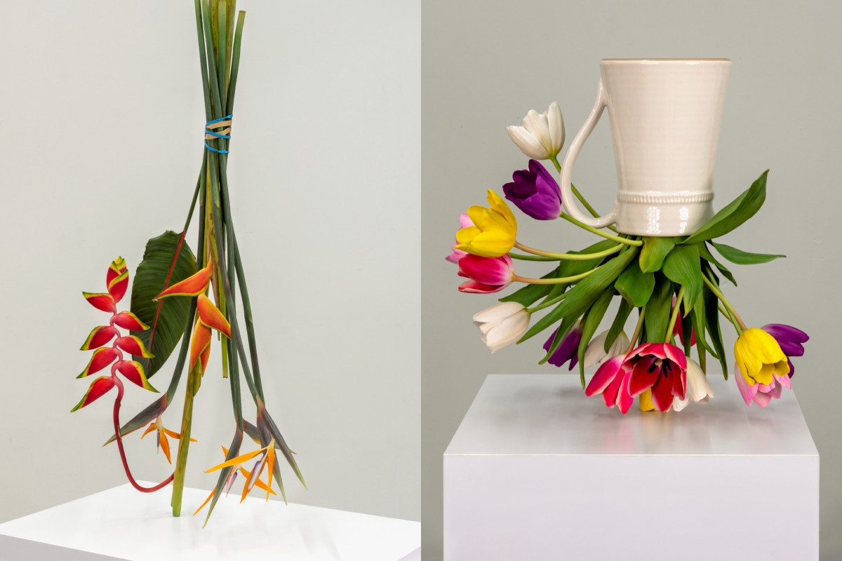 左為展品〈插花〉,2022,彩繪青銅、不鏽鋼;右亦為展品〈插花〉,2024,彩繪青銅、不鏽鋼、環氧樹脂。(圖片提供:毓繡美術館 © Tony Matelli) 左為展品〈插花〉,2022,彩繪青銅、不鏽鋼;右亦為展品〈插花〉,2024,彩繪青銅、不鏽鋼、環氧樹脂。(圖片提供:毓繡美術館 © Tony Matelli)
