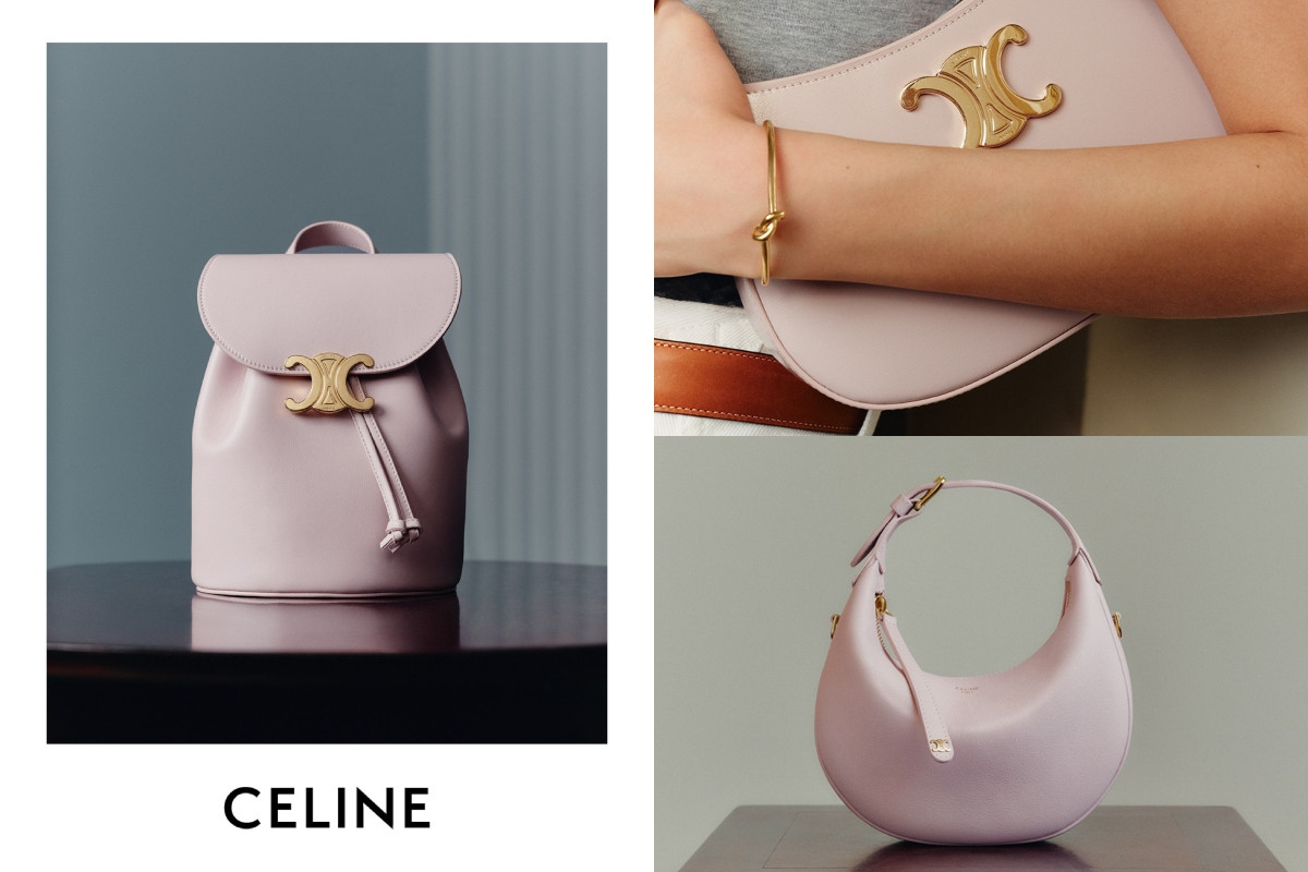 Celine季節限定柔粉色Bonnie後背包(左);Tilly肩背包(右上);Lulu半月手袋(右下)。(圖片提供:Celine) Celine季節限定柔粉色Bonnie後背包(左);Tilly肩背包(右上);Lulu半月手袋(右下)。(圖片提供:Celine)