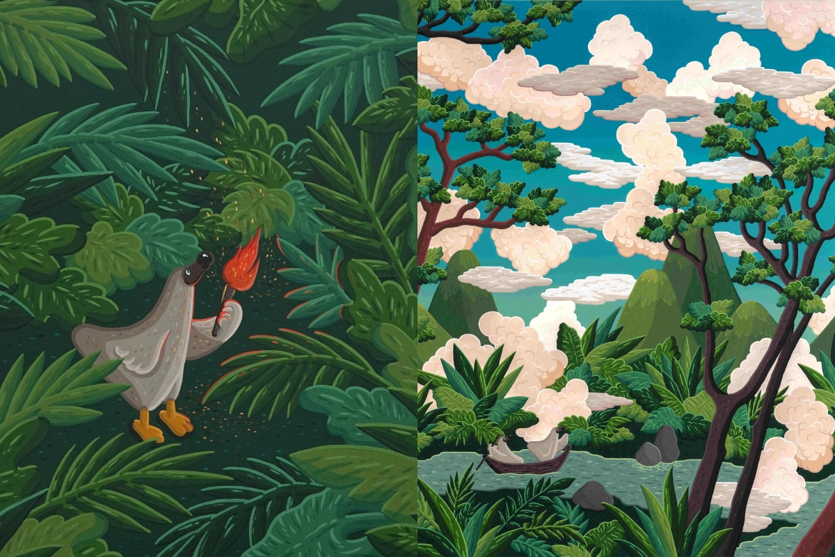 渡渡鳥化身沉靜勇敢的旅人穿梭複雜叢林之間,兩者作為主角和背景各富象徵意義。左〈Explorer〉,2025,不透明水彩;右〈The adventure〉,2025,不透明水彩。(圖片提供:索卡藝術) 渡渡鳥化身沉靜勇敢的旅人穿梭複雜叢林之間,兩者作為主角和背景各富象徵意義。左〈Explorer〉,2025,不透明水彩;右〈The adventure〉,2025,不透明水彩。(圖片提供:索卡藝術)