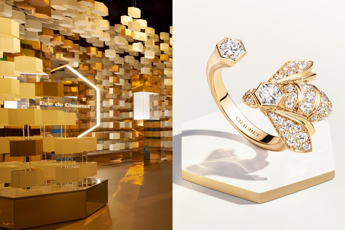 場內隨處可見Bee de Chaumet系列蜂巢圖騰,右為Bee de Chaumet 18K黃金戒指,鑲嵌品牌獨創六角形切割鑽石及明亮式切割鑽石。(圖片提供:Chaumet) 場內隨處可見Bee de Chaumet系列蜂巢圖騰,右為Bee de Chaumet 18K黃金戒指,鑲嵌品牌獨創六角形切割鑽石及明亮式切割鑽石。(圖片提供:Chaumet)