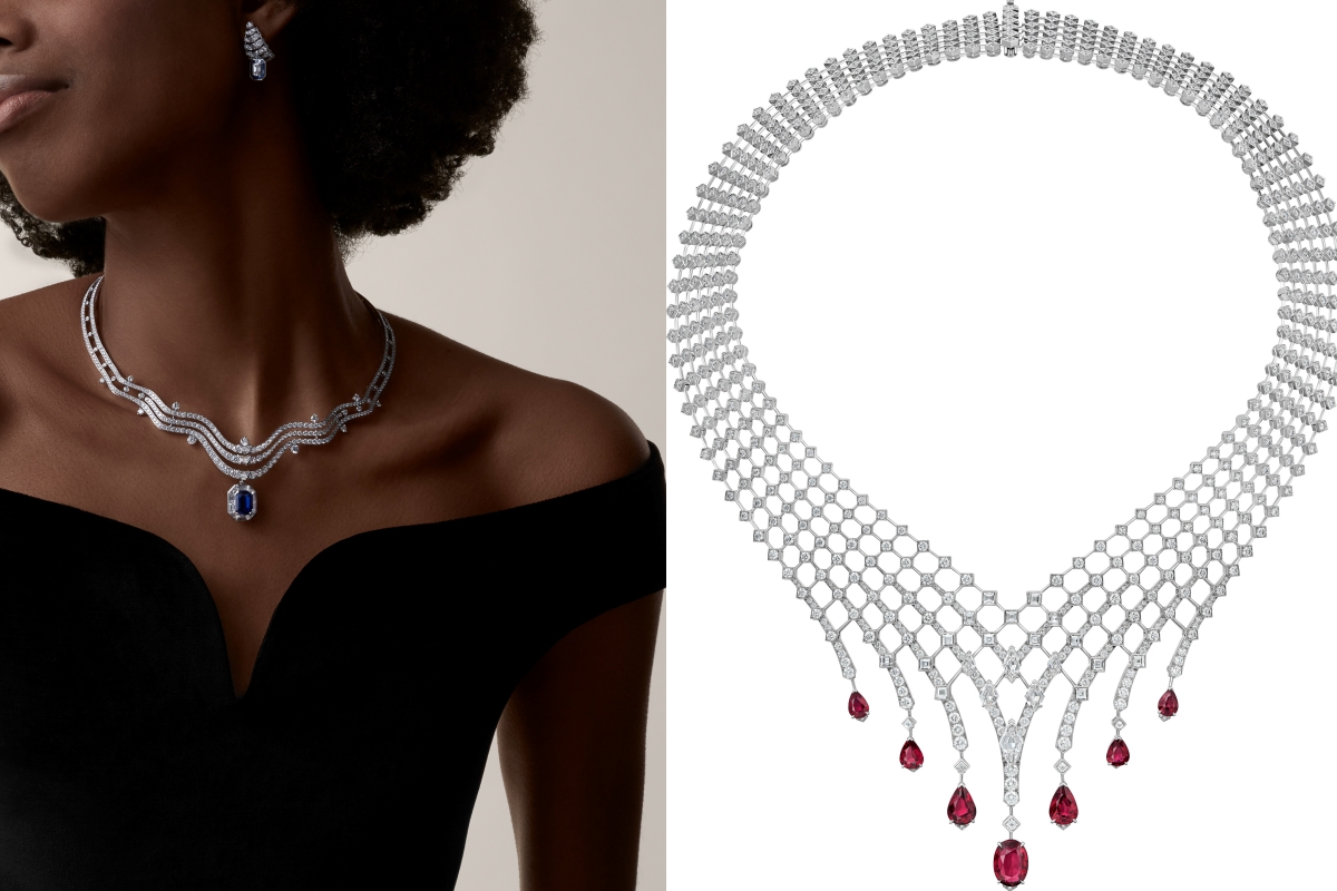 VOLUTA 藍寶石項鍊和耳環、REJILLA 紅寶石項鍊。(圖片提供:Cartier) VOLUTA 藍寶石項鍊和耳環、REJILLA 紅寶石項鍊。(圖片提供:Cartier)