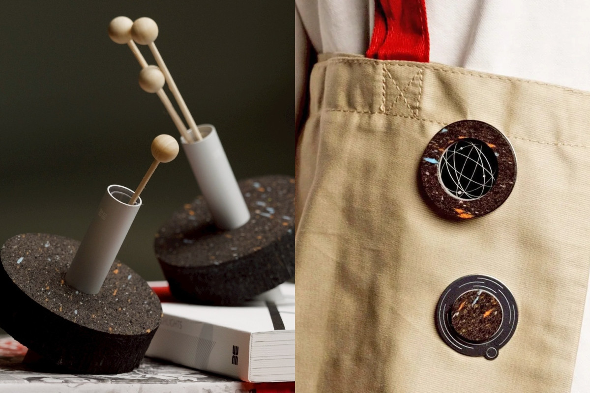 TFAM REUSE退役軟木系列花器與徽章,結合「微型衛星(Little Satellite)」設計概念,寓意讓廢料重返循環軌跡。(圖片來源:臺北市立美術館、臺北市立美術館巡藝ART to go線上商店) TFAM REUSE退役軟木系列花器與徽章,結合「微型衛星(Little Satellite)」設計概念,寓意讓廢料重返循環軌跡。(圖片來源:臺北市立美術館、臺北市立美術館巡藝ART to go線上商店)