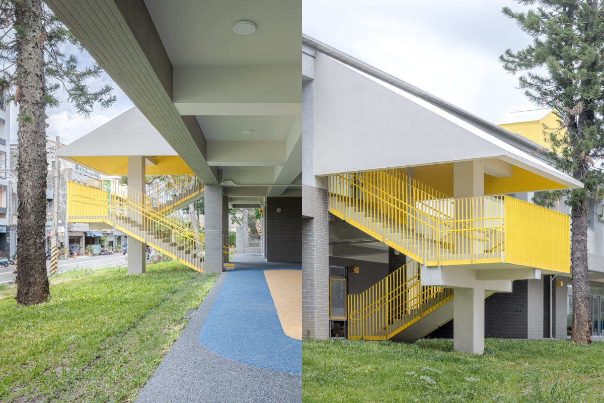 通往2樓的樓梯凸於建物外,頂蓋自屋簷延伸向下。(圖片提供:office aaa/攝影:趙宇晨) 通往2樓的樓梯凸於建物外,頂蓋自屋簷延伸向下。(圖片提供:office aaa/攝影:趙宇晨)